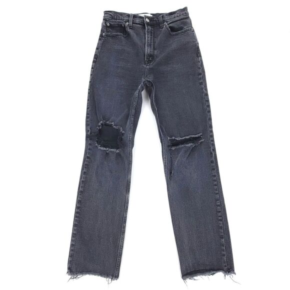 ABERCROMBIE Ankle Straight Ultra High Rise Raw Hem Jeans Distressed Black 28 - Picture 1 of 8